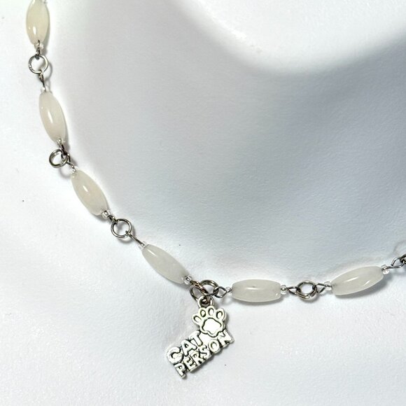 Genuine Milky Quartz Short Necklace, Gemstone & Cat Person Paw Print Pendant - Picture 1 of 15
